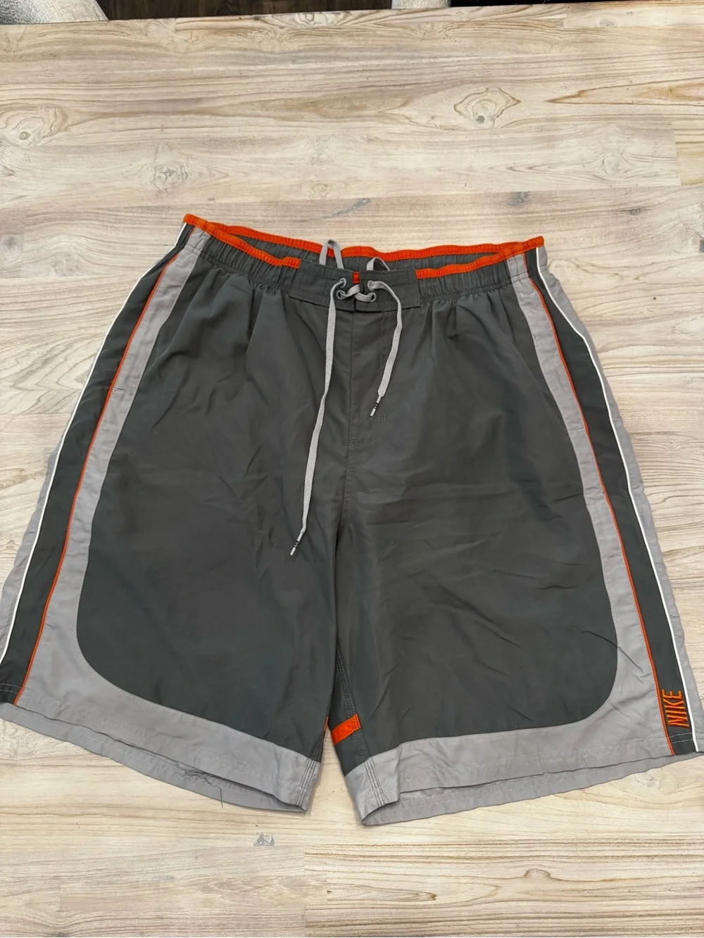 Nike Men's Y2K Black and Gray Athletic Swim Shorts with Orange Trim